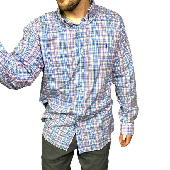 Ralph Lauren short sleeve button down shirt, men's size M cotton navy blue type Vintage Second Hand